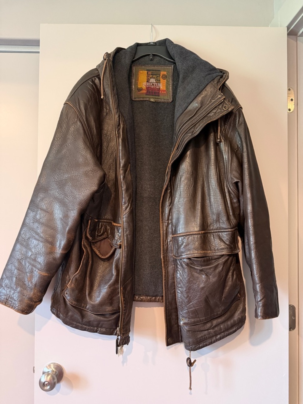 Structure Dark Brown Leather Hooded Field Jacket